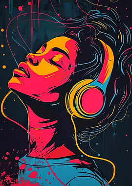 Woman with Headphones - Colorful Portrait