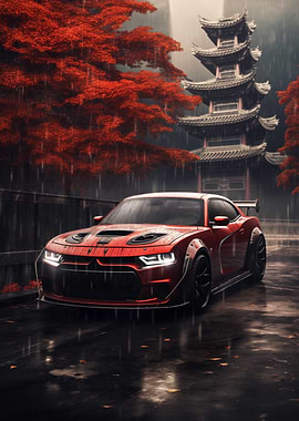 Red Car in Asian Landscape