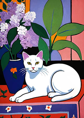 White Cat with Lilacs Still Life