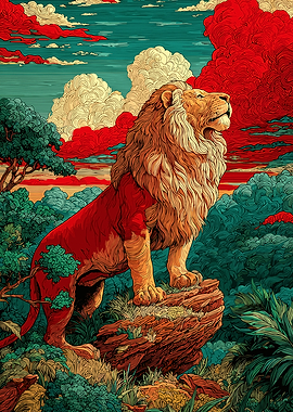 Lion on Rock with Colorful Sky