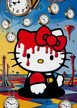 Surreal Hello Kitty with Melting Clocks