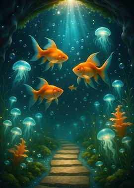 Underwater scene with goldfish and jellyfish