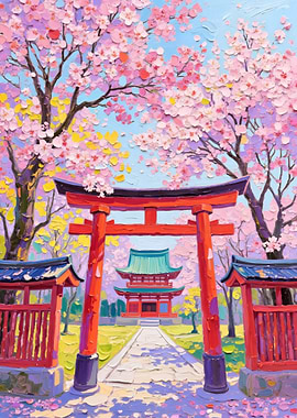 Japanese Temple with Cherry Blossoms Painting