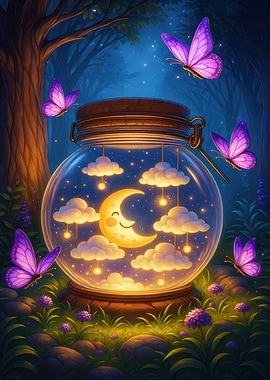 Dreamy Moon Jar with Butterflies
