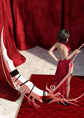 Woman with Scythe in Red Dress