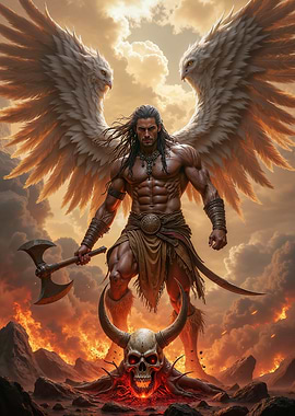 Winged Angel Warrior with Axe and Skull