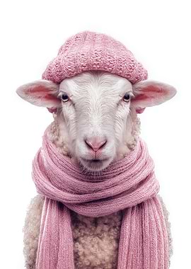 Cozy Sheep in Pink Hat and Scarf