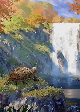 Turtle by Waterfall in Autumn Landscape