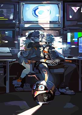Cyberpunk Embrace Amidst Screens