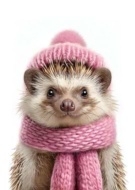 Cozy Hedgehog in Pink Hat and Scarf