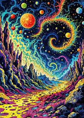 Psychedelic Space Landscape with Colorful Planets