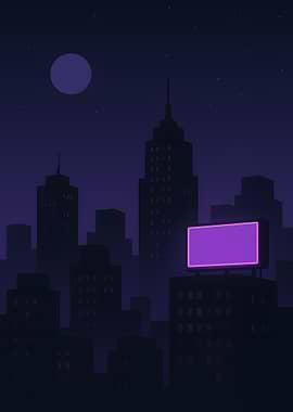 Night Cityscape with Neon Billboard