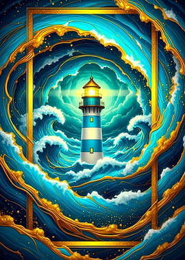 Lighthouse in swirling ocean waves