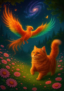 Orange Cat and Phoenix in Meadow