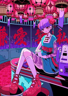 Anime Girl with Tattoos and Lanterns