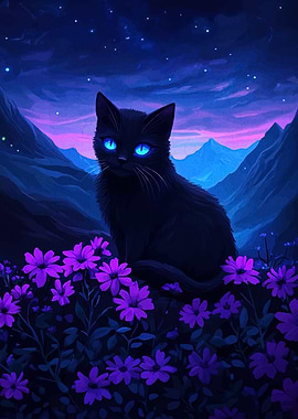 Black cat in a field of flowers