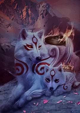 Okami Amaterasu and Chibiterasu Digital Art
