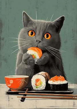 Cat eating sushi digital art