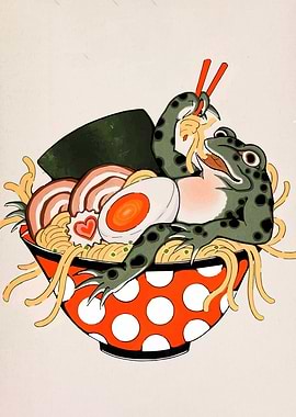 Frog eating ramen in a bowl