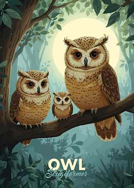 Owl Family on Branch