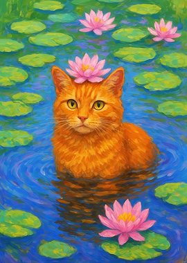 Cat in Water Lilies Painting