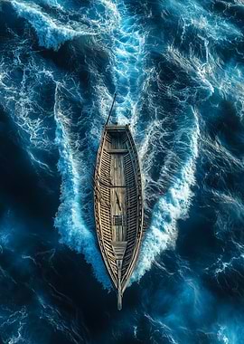 Wooden Boat in Stormy Blue Sea