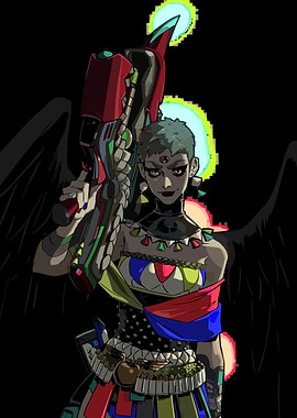 Angel with futuristic weapon in darkness