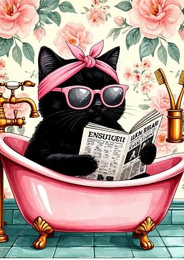 Cat in Bathtub Reading Newspaper