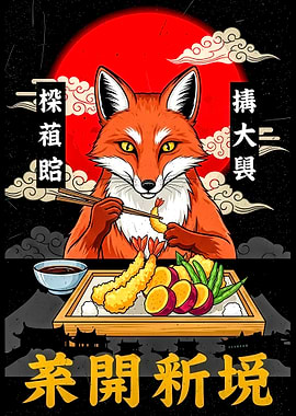 Fox eating tempura with chopsticks art