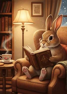Rabbit Reading Book in Cozy Room
