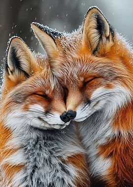 Two Foxes Cuddling in the Snow