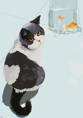 Cat and Goldfish Digital Art