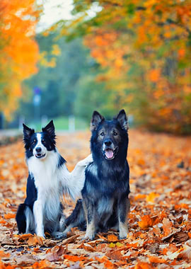 Two purebred dogs in autumn leaves
