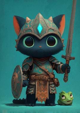 Cute Cat Knight with Frog Friend