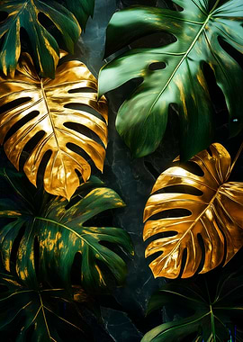 Golden and Green Monstera Leaves
