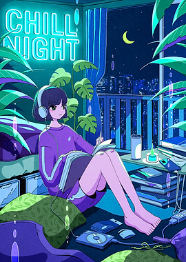 Chill Night Anime Girl Reading