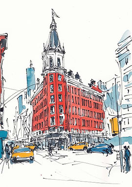 Cityscape Watercolor Painting with Red Building