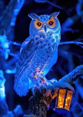 Blue Owl with Lantern in Winter