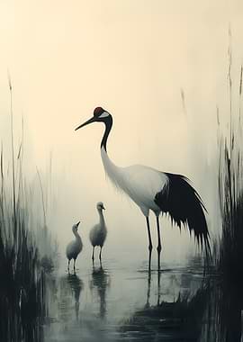 Crane Family in Misty Waters