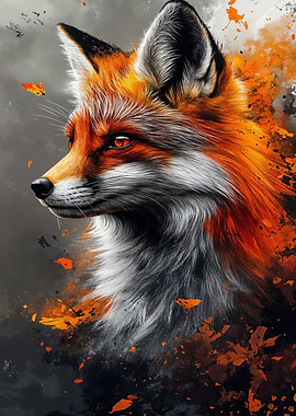 Fox Portrait with Abstract Orange Splatters