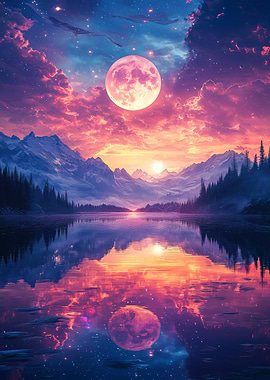 Pink Moon Over Mountain Lake