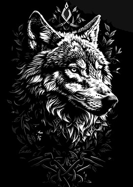 Monochrome Wolf Portrait with Floral Elements