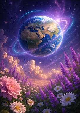 Earth with Flowers and Cosmic Rings