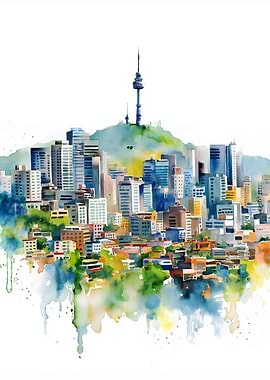 Seoul Cityscape Watercolor Painting