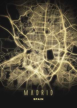 Madrid, Spain - Illuminated City Map Poster, Minimalist Glowing Streets Art Print
