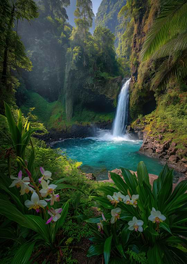 Tropical Waterfall with Lush Vegetation