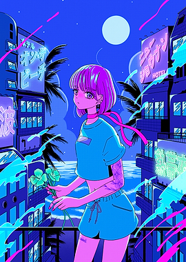 Anime Girl with Flowers at Night