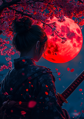 Samurai Woman Under Red Moon