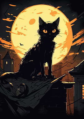 Black Cat on Rooftop, Full Moon