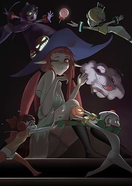 Halloween Witch with Cartoon Companions